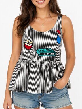 Zara Trafaluc Striped Tank with Embroidered Stamps and Peplum Hem Size S